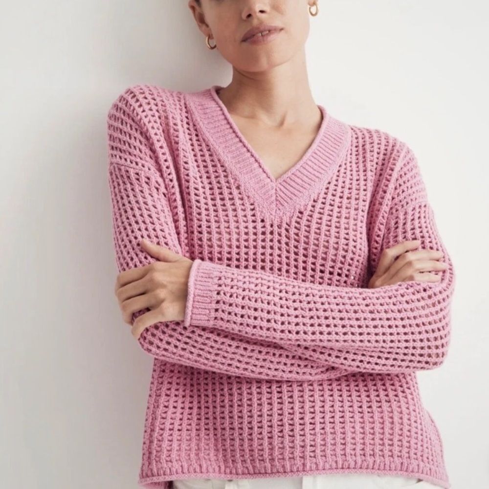 Madewell Pink Open-Knit V-Neck Sweater size medium oversized